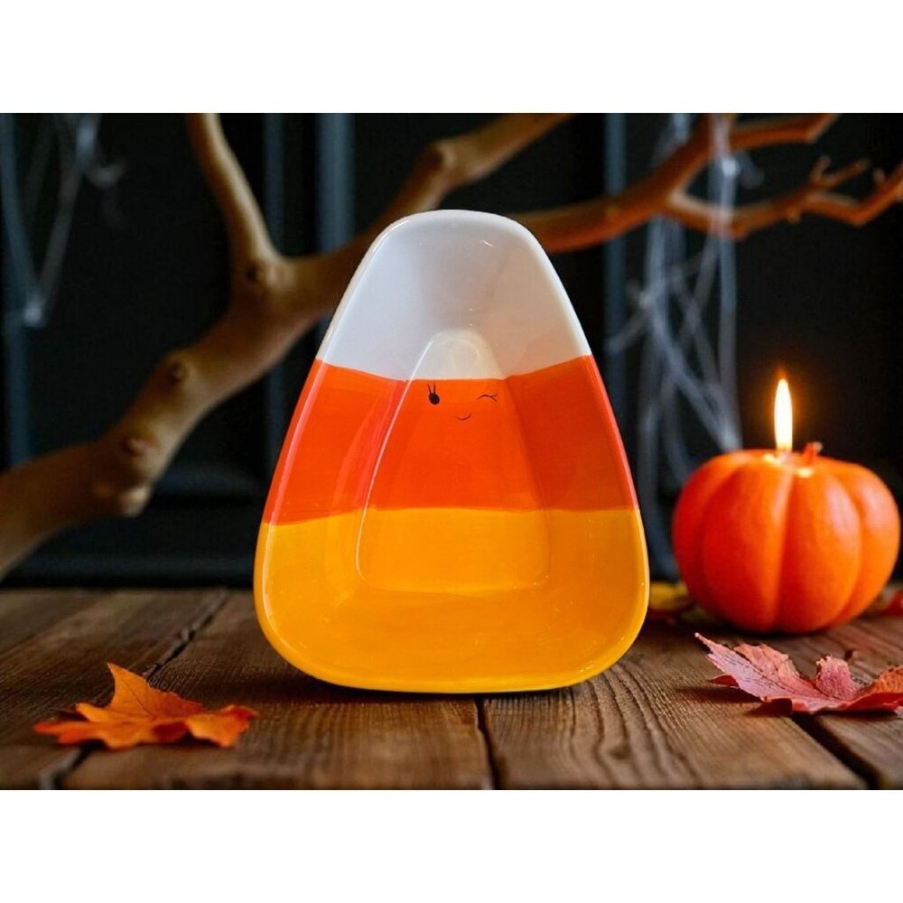 New Large Orange YELLOW White Candy Corn Winking Spooky Halloween Ceramic Bowl